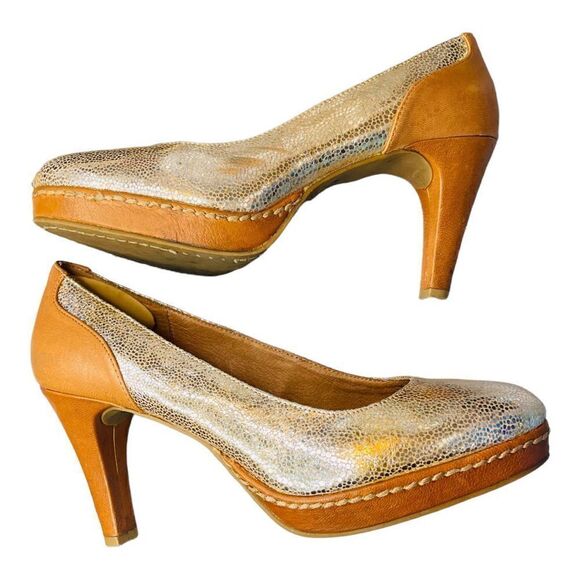 ANTHROPOLOGIE SCHULER and Sons Philadelphia Leather Metallic Gold Pumps High Hee - Picture 2 of 10